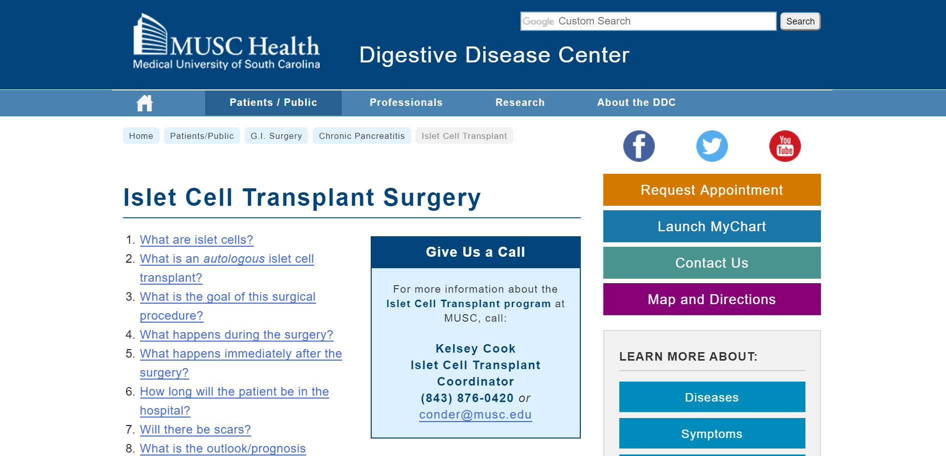 Medical University of South Carolina, Digestive Disease Center, Islet Cell Transplant Surgery