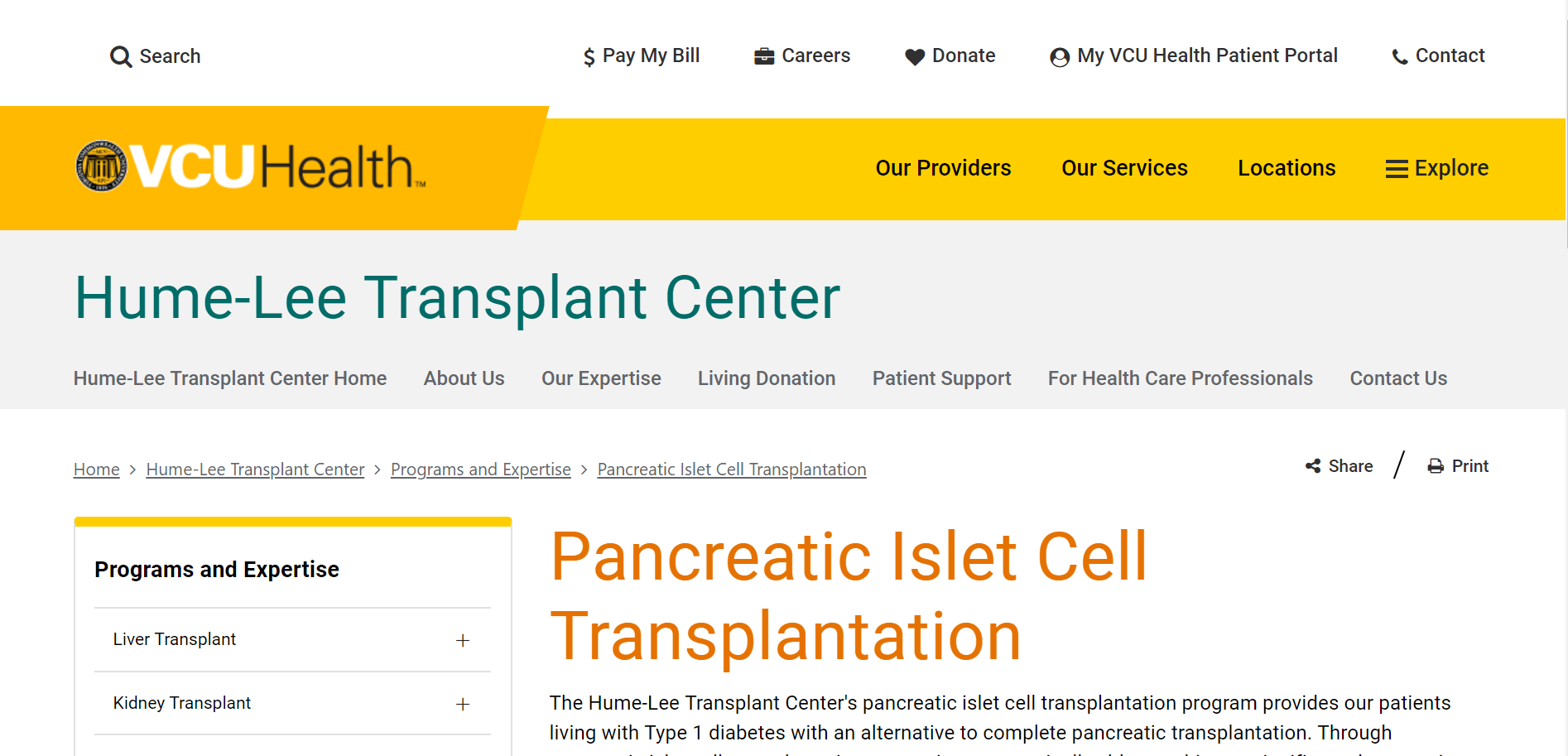 Virginia Commonwealth University Health, Hume-Lee Transplant Center, Pancreatic Islet Cell Transplantation